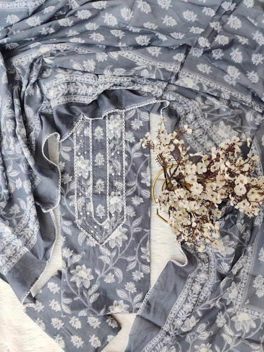 Exclusive Cotton Printed Neck Work Suits with mulmul dupatta