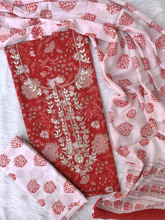 FLORAL PRINTED COTTON GOTA PATTI SUIT WITH COTTON DUPATTA