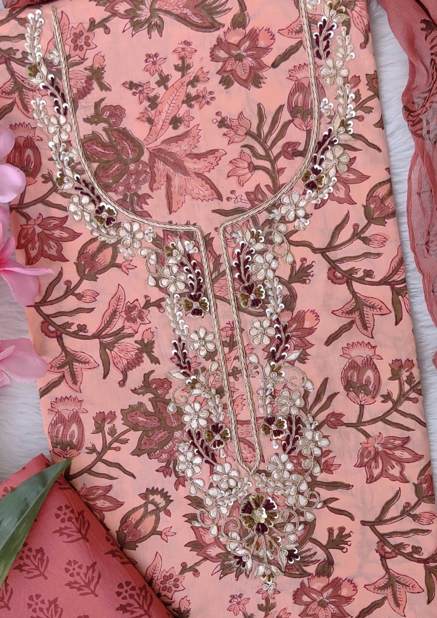 FLORAL PRINTED COTTON GOTA PATTI SUIT WITH CHIFFON DUPATTA