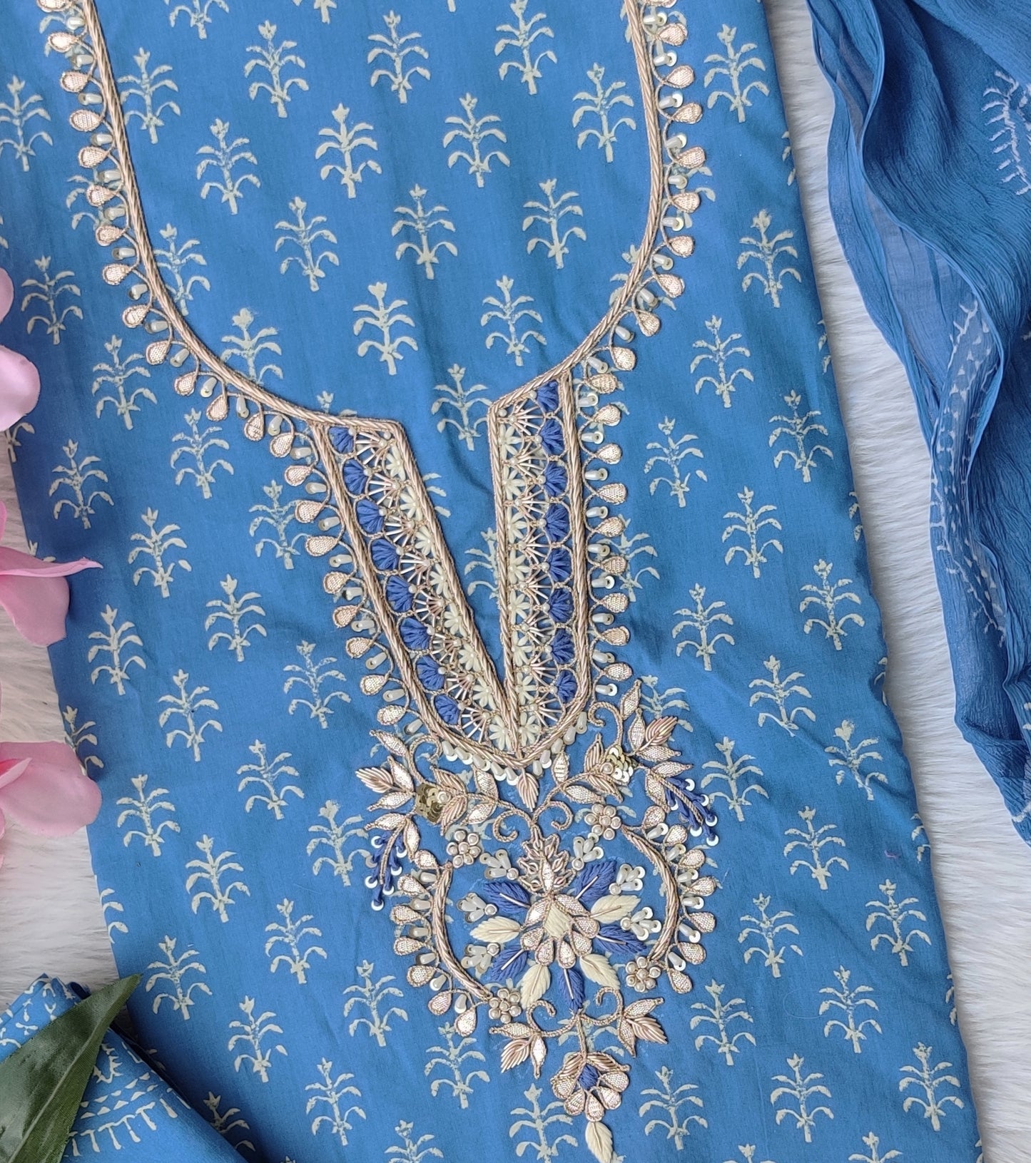 FLORAL PRINTED COTTON GOTA PATTI SUIT WITH CHIFFON DUPATTA