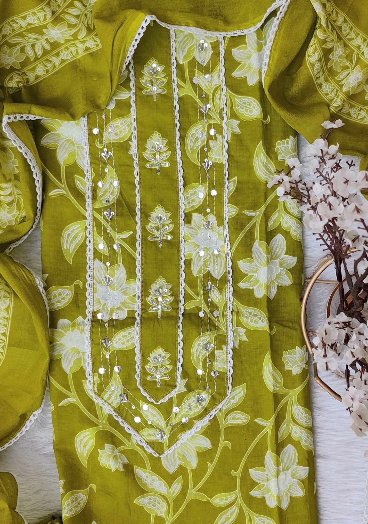 Exclusive Cotton Printed Neck Work Suits with mulmul dupatta