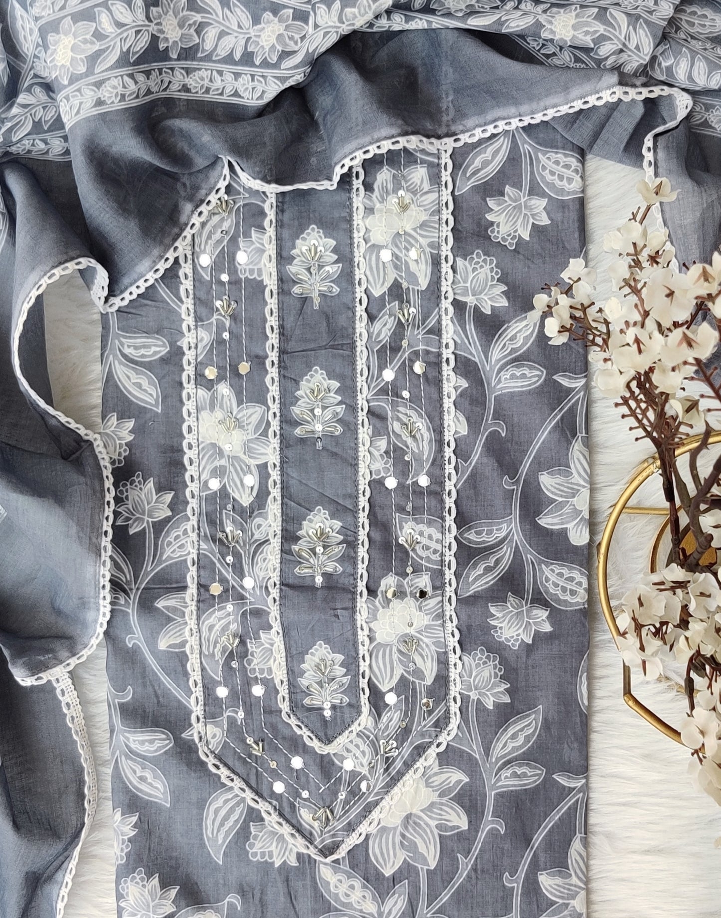 Exclusive Cotton Printed Neck Work Suits with mulmul dupatta