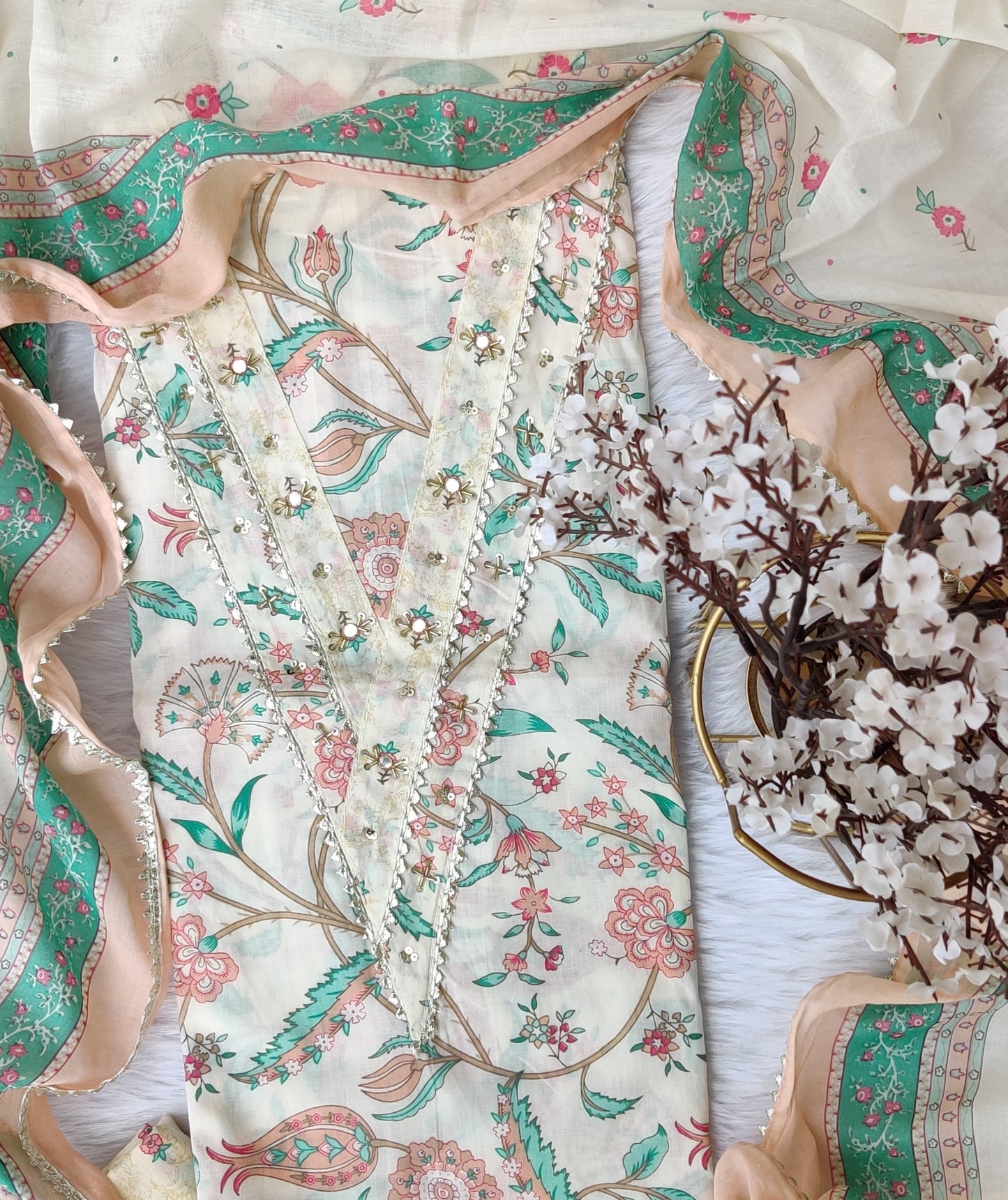 Exclusive Cotton Printed Neck Work Suits with mulmul dupatta