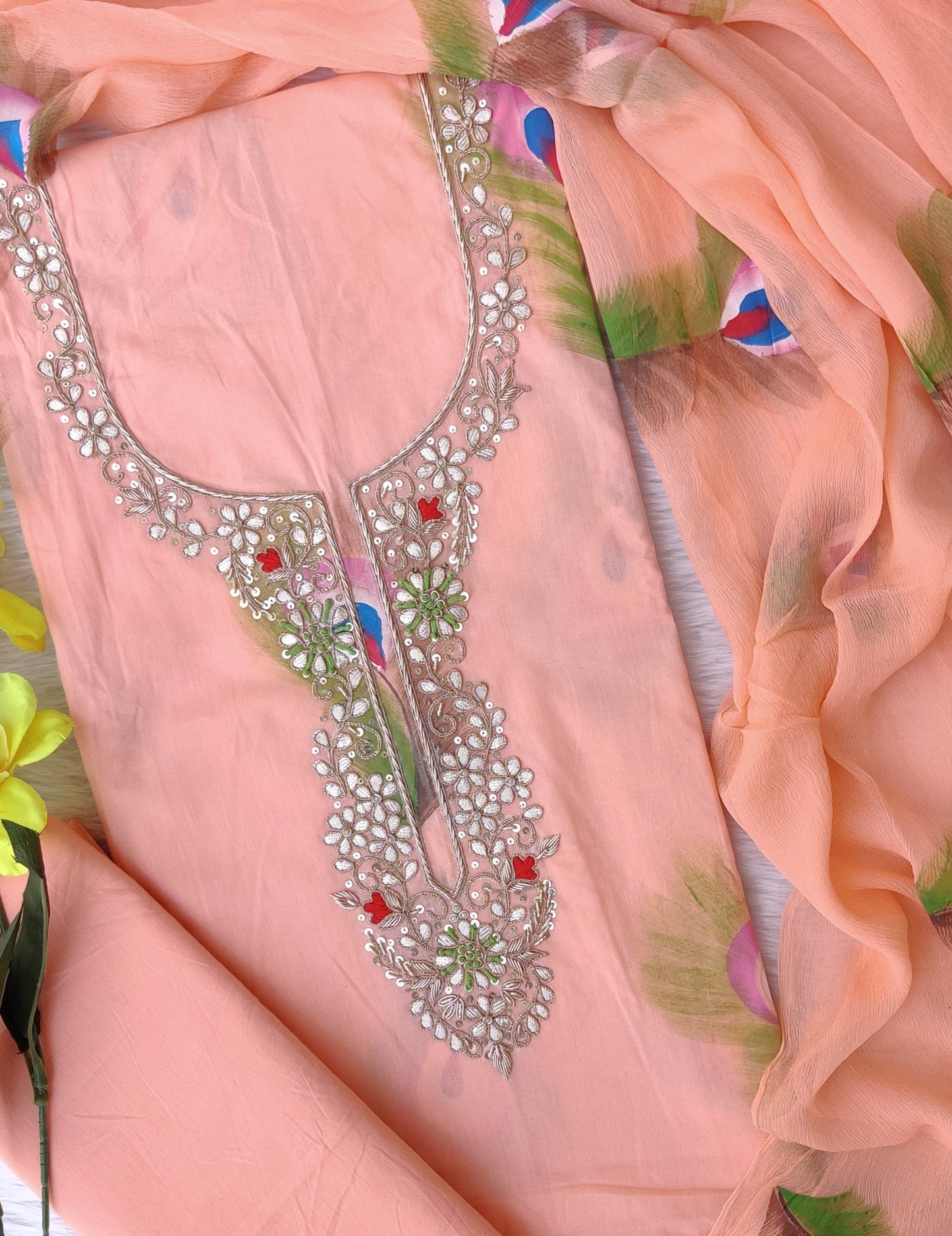 FLORAL PRINTED COTTON GOTA PATTI SUIT WITH CHIFFON DUPATTA