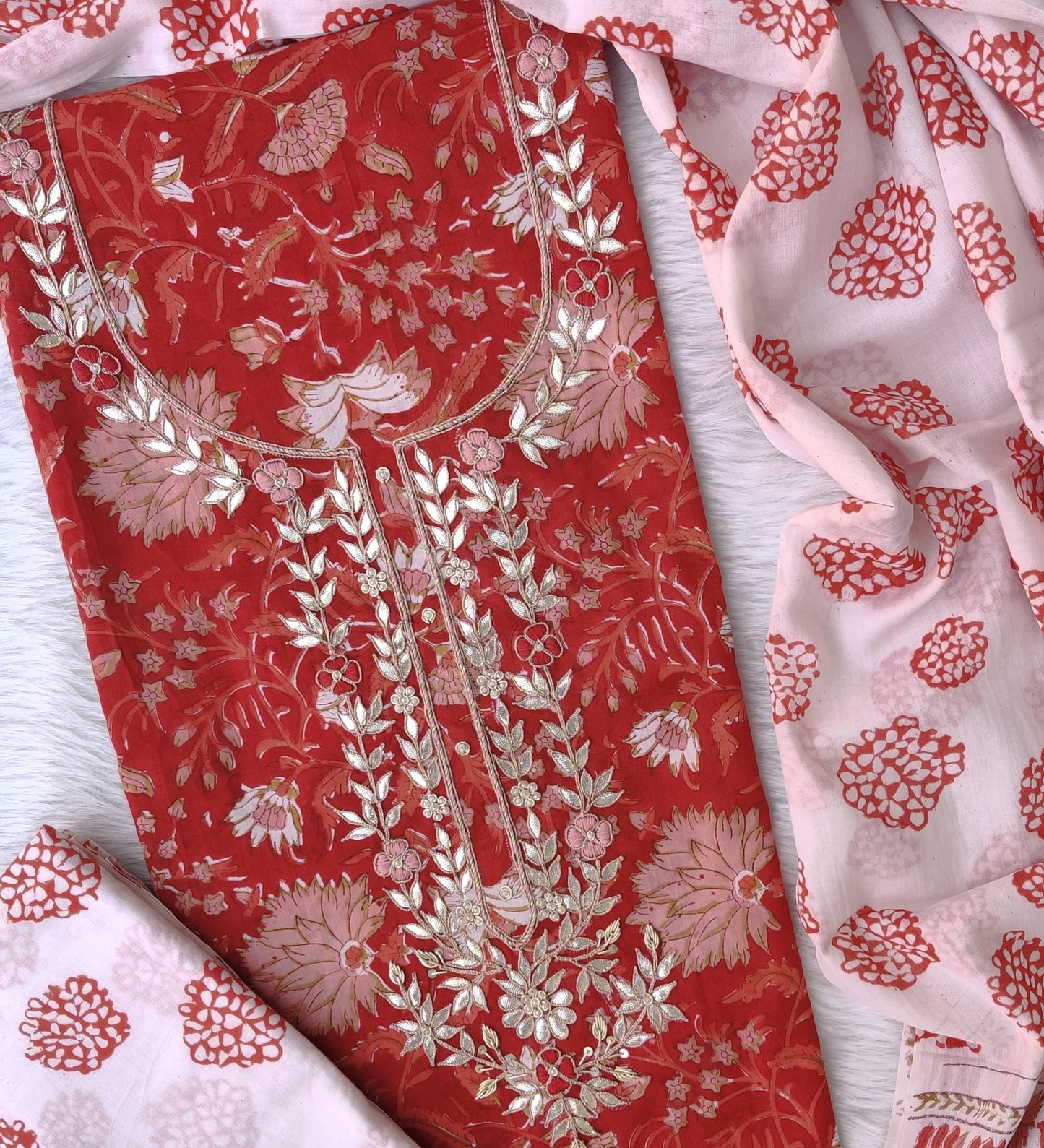 FLORAL PRINTED COTTON GOTA PATTI SUIT WITH COTTON DUPATTA