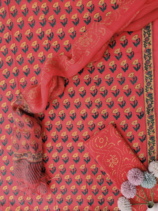 Beautiful Discharge Printed Cotton Suit with Pure Kota Doria Dupatta
