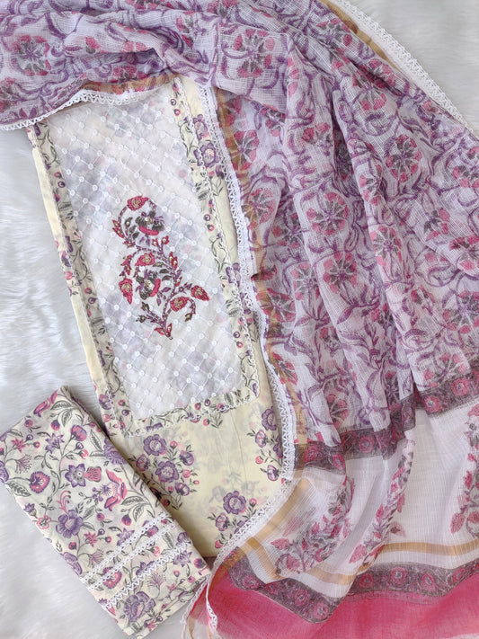 HANDBLOCK PRINTED BOOTA PRINT WORK SUITS WITH KOTA DORIA DUPATTA