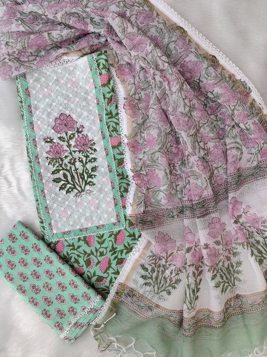HANDBLOCK PRINTED BOOTA PRINT WORK SUITS WITH KOTA DORIA DUPATTA