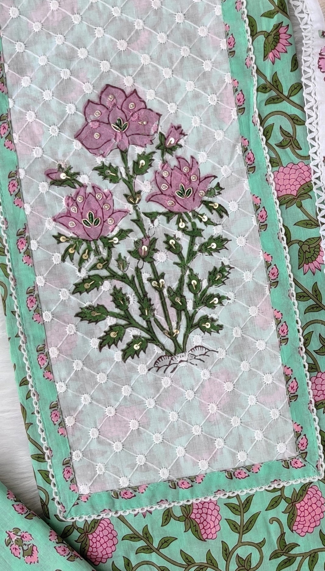 HANDBLOCK PRINTED BOOTA PRINT WORK SUITS WITH KOTA DORIA DUPATTA