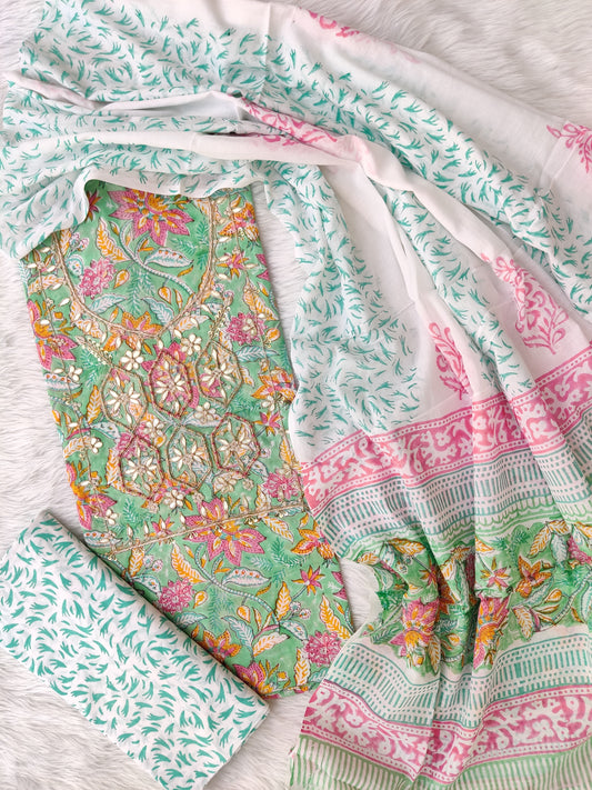 FLORAL PRINTED COTTON GOTA PATTI SUIT WITH COTTON DUPATTA
