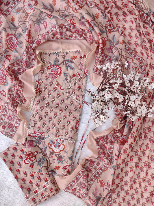 Exclusive Cotton Printed Neck Work Suits with mulmul dupatta1