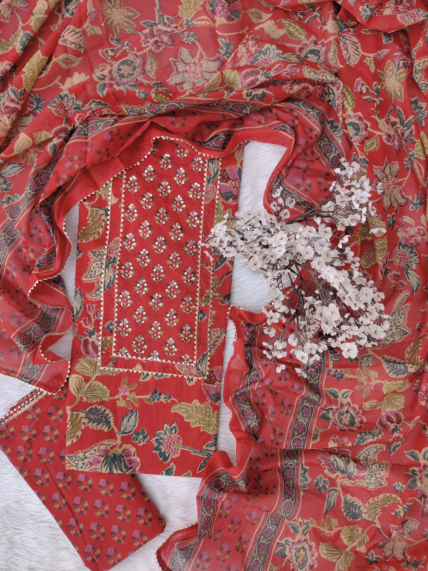 Exclusive Cotton Printed Neck Work Suits with mulmul dupatta