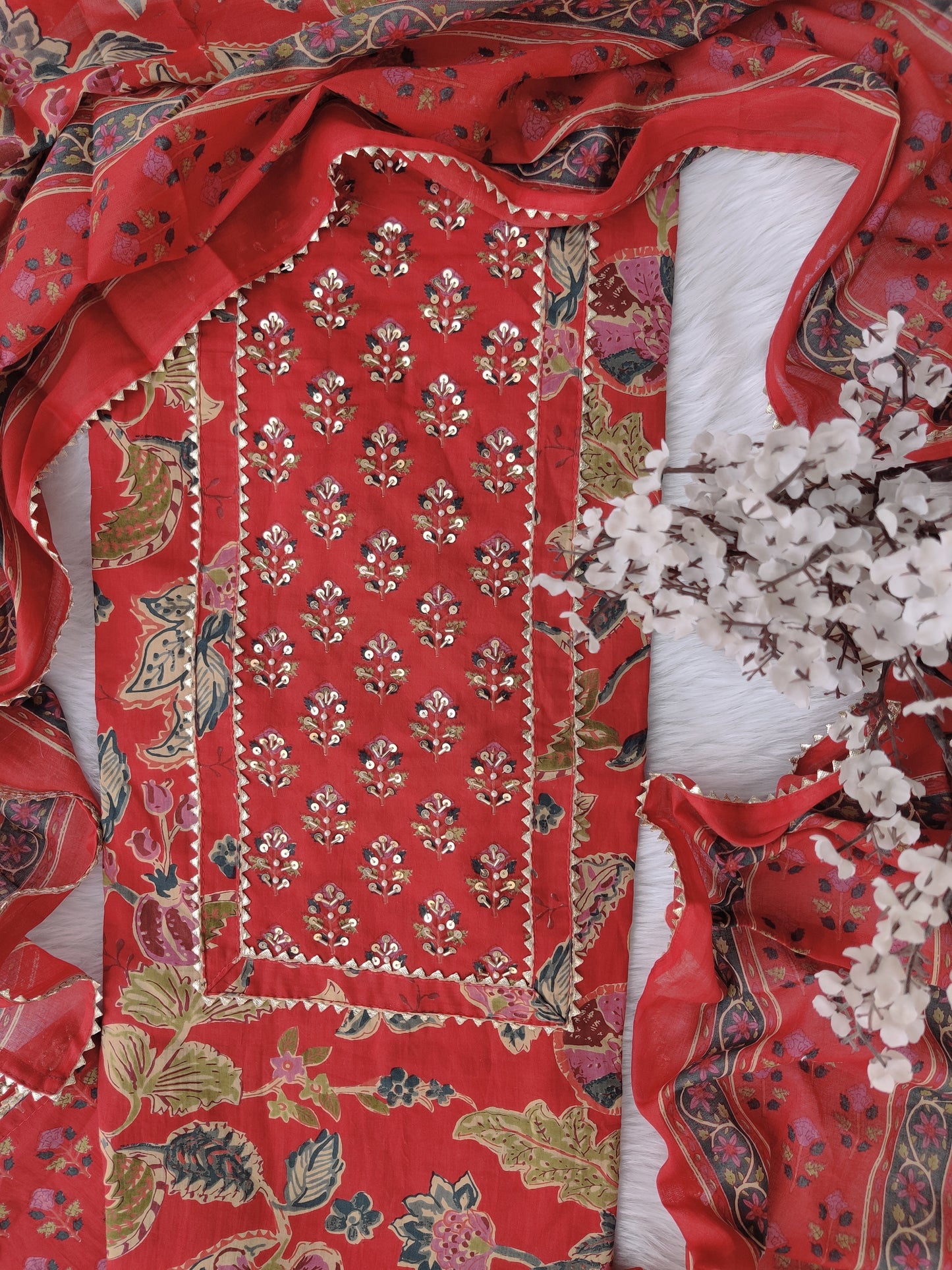 Exclusive Cotton Printed Neck Work Suits with mulmul dupatta