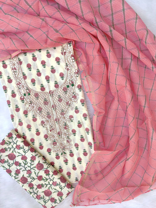 HANDBLOCK PRINTED GOTA PATTI NECK WORK SUITS WITH LEHRIYA KOTA DORIA DUPATTA