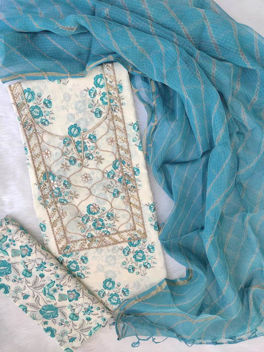 HANDBLOCK PRINTED GOTA PATTI NECK WORK SUITS WITH LEHRIYA KOTA DORIA DUPATTA