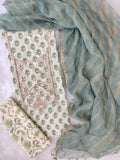 HANDBLOCK PRINTED GOTA PATTI NECK WORK SUITS WITH LEHRIYA KOTA DORIA DUPATTA