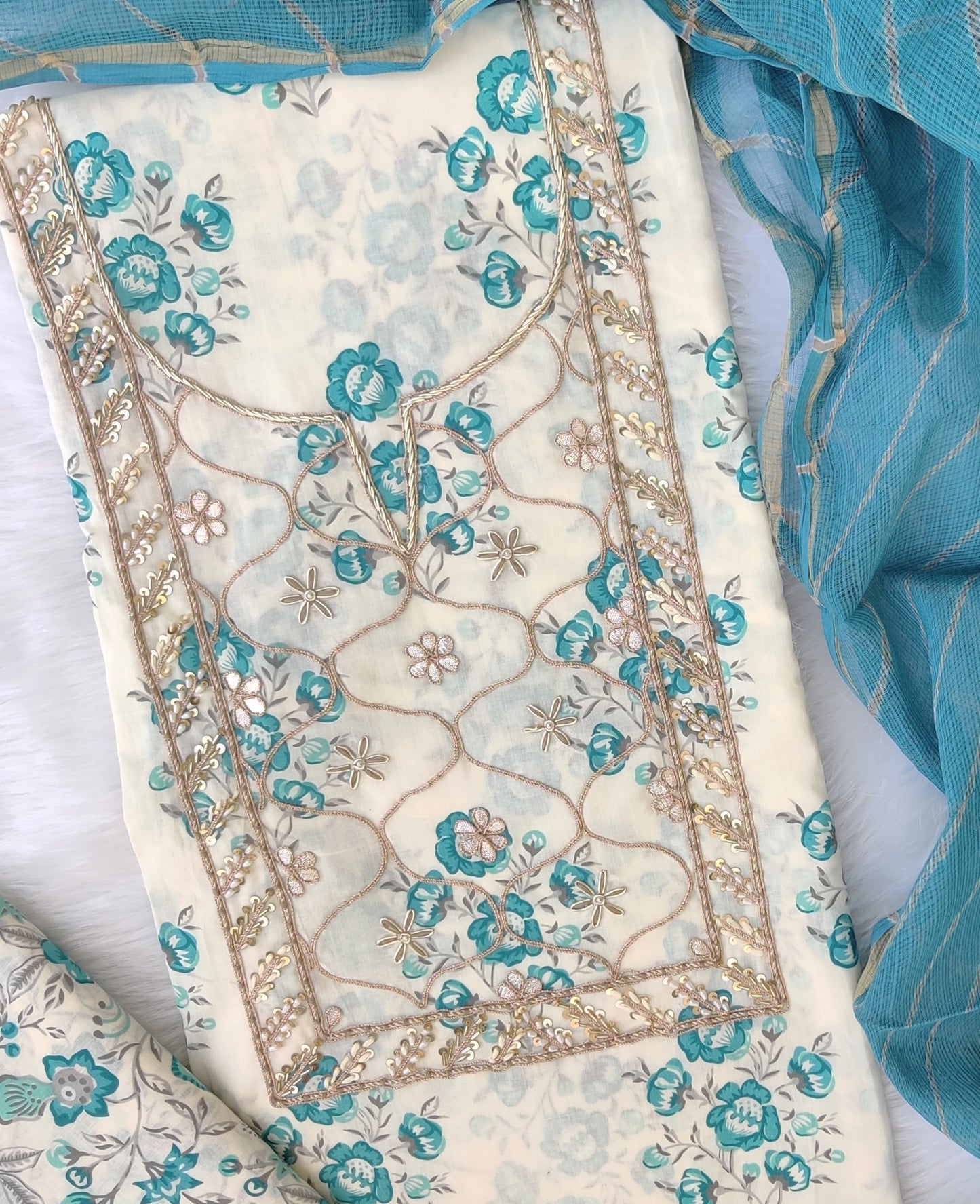 HANDBLOCK PRINTED GOTA PATTI NECK WORK SUITS WITH LEHRIYA KOTA DORIA DUPATTA