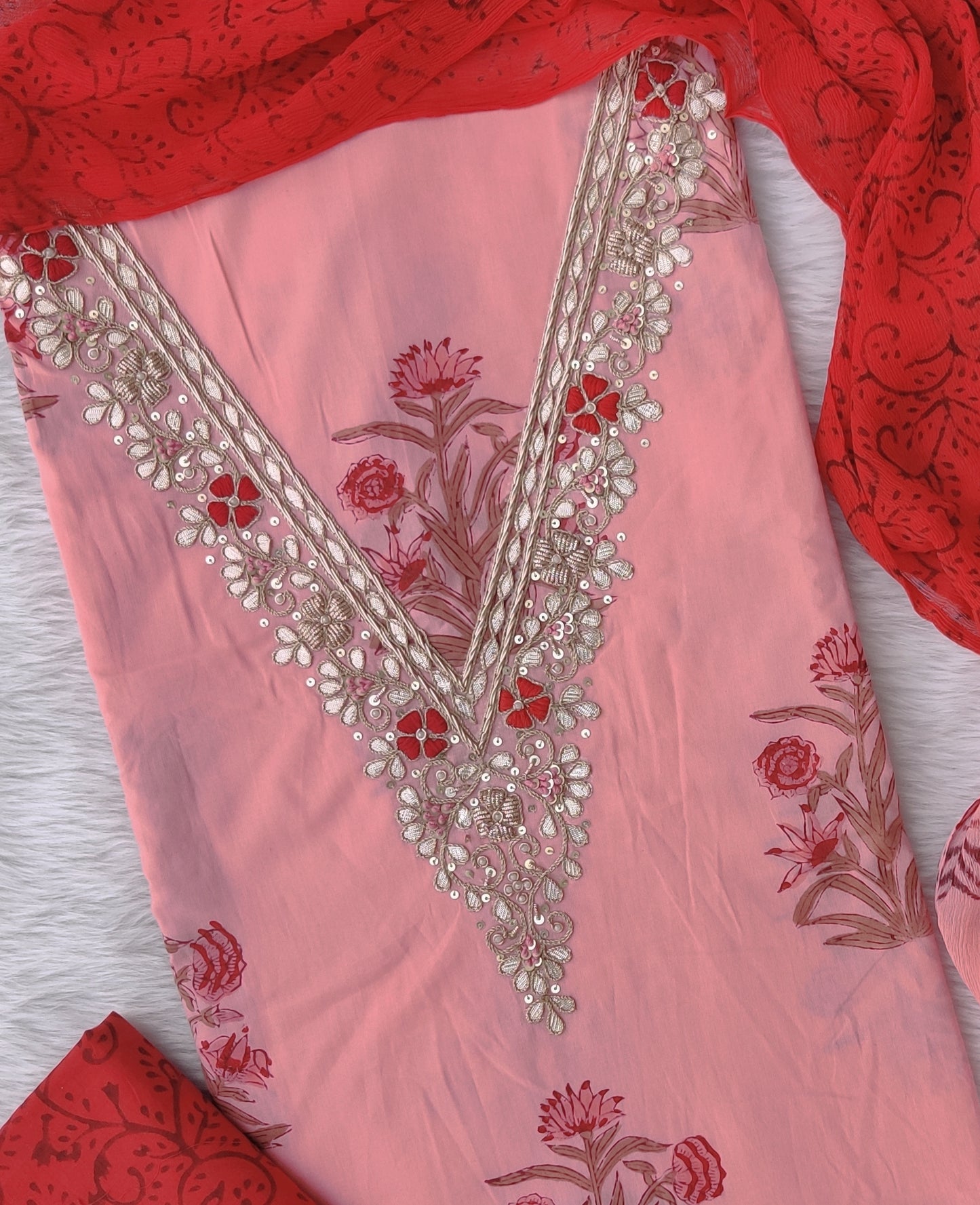 FLORAL PRINTED COTTON GOTA PATTI SUIT WITH CHIFFON DUPATTA