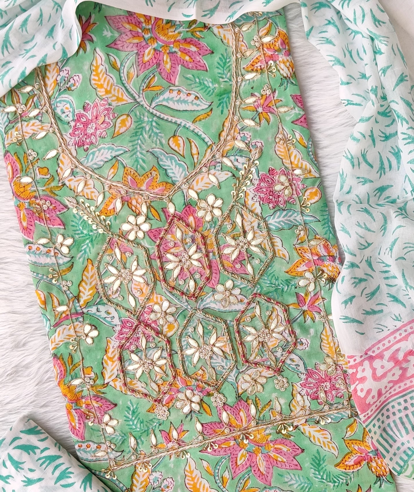 FLORAL PRINTED COTTON GOTA PATTI SUIT WITH COTTON DUPATTA
