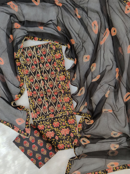 Cotton Printed Neck Work Suits with Chiffon dupatta