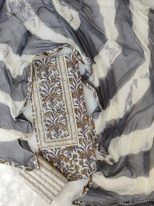 Cotton Printed Neck Work Suits with Chiffon dupatta