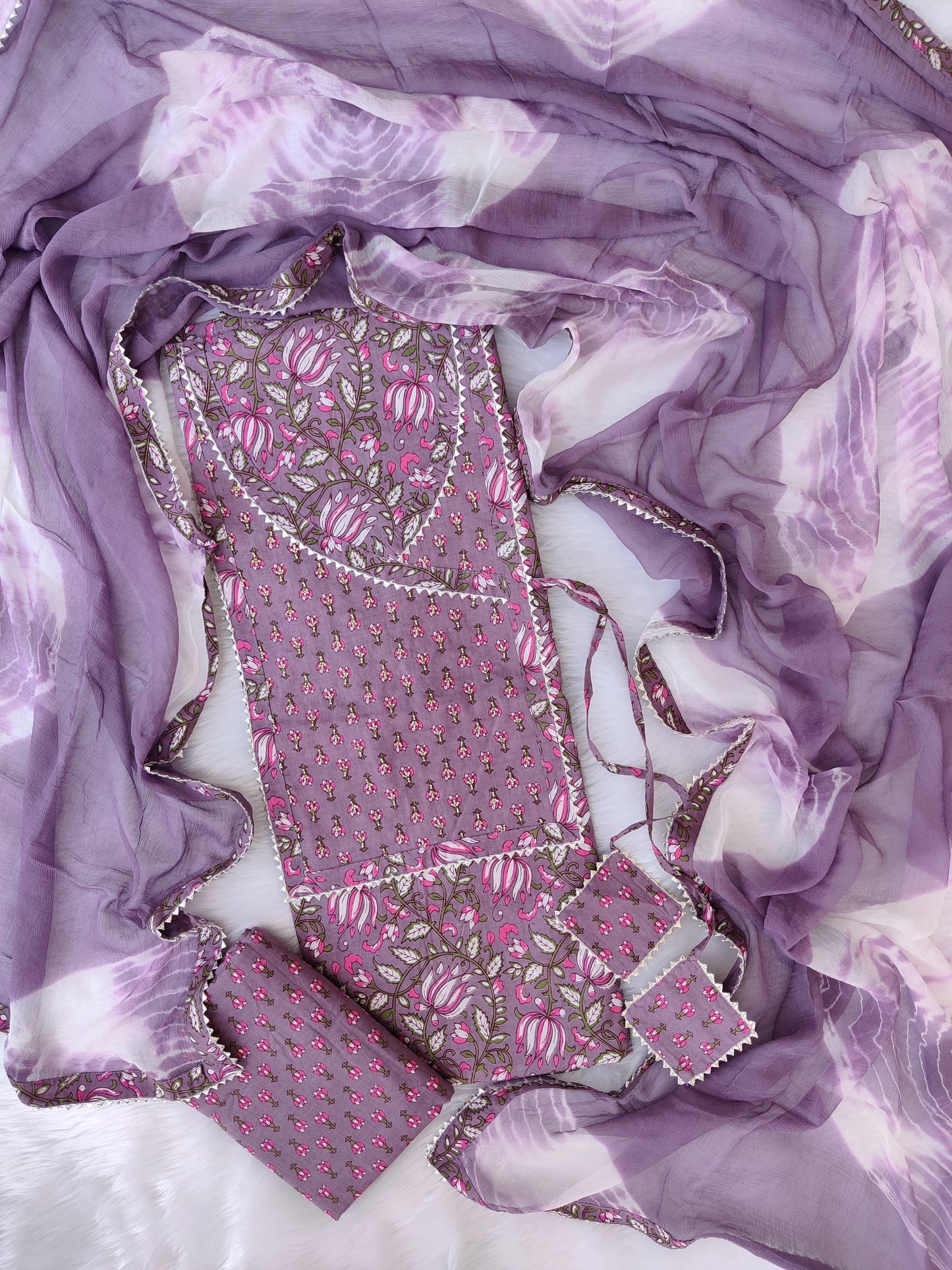 Cotton Printed Neck Work Suits with Chiffon dupatta