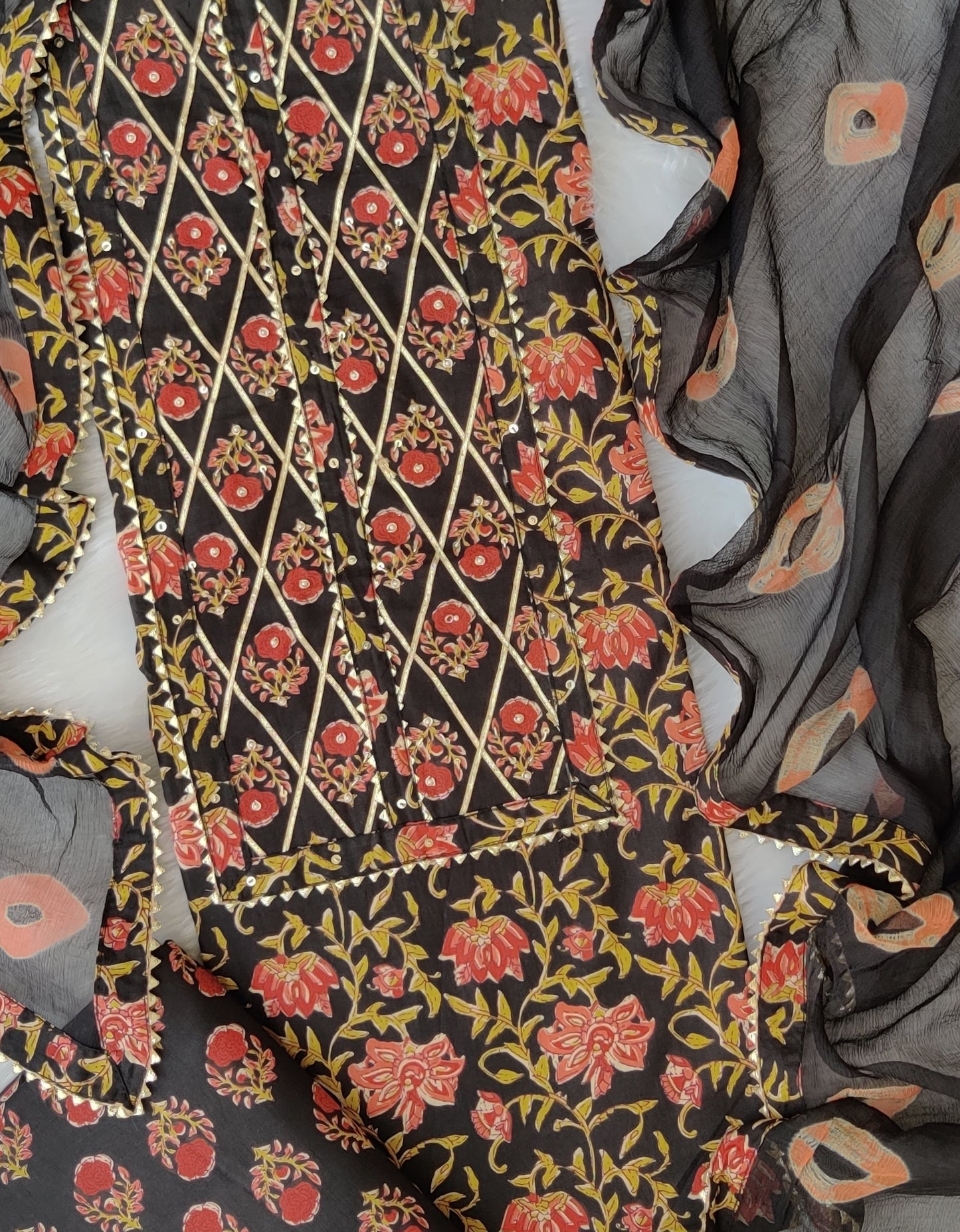 Cotton Printed Neck Work Suits with Chiffon dupatta