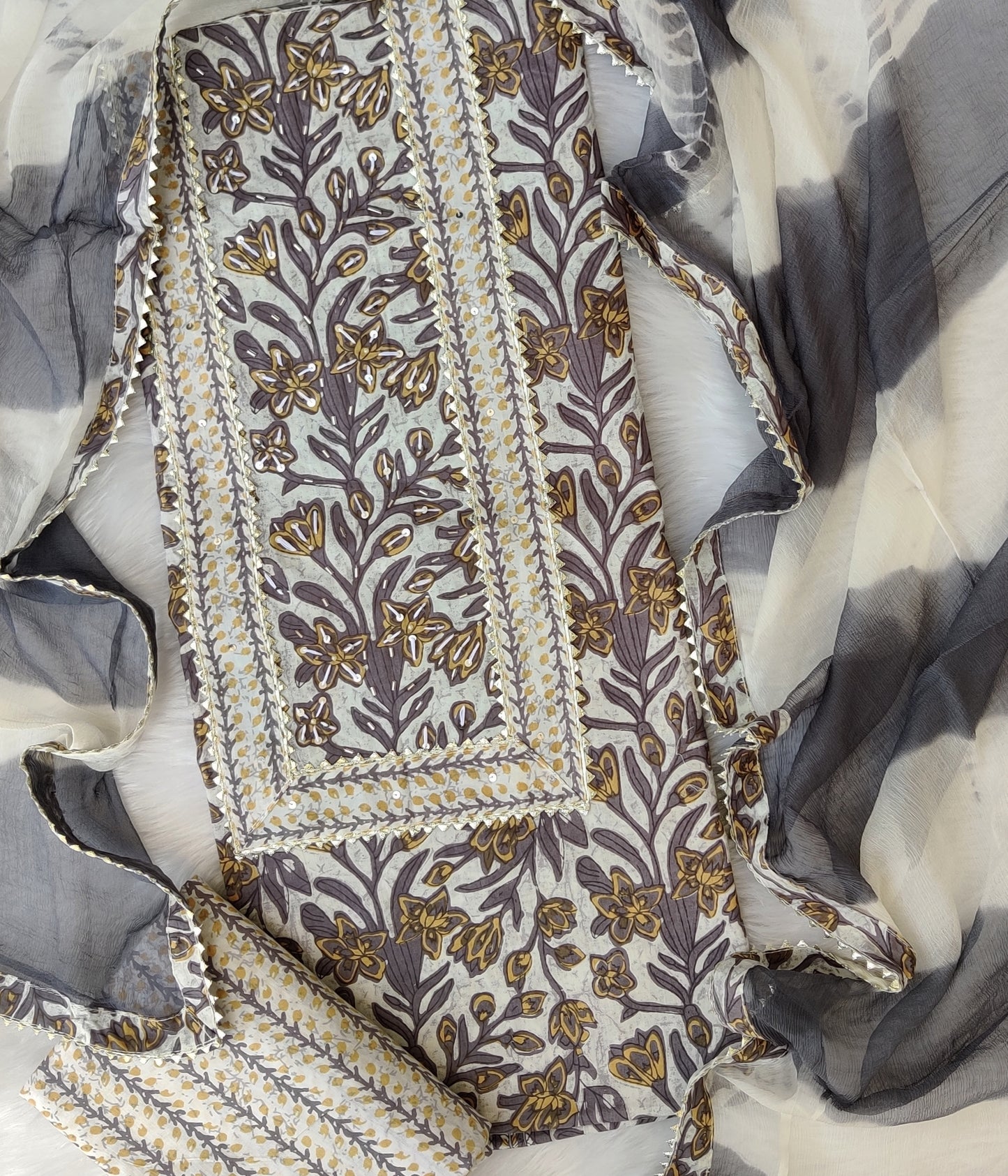 Cotton Printed Neck Work Suits with Chiffon dupatta