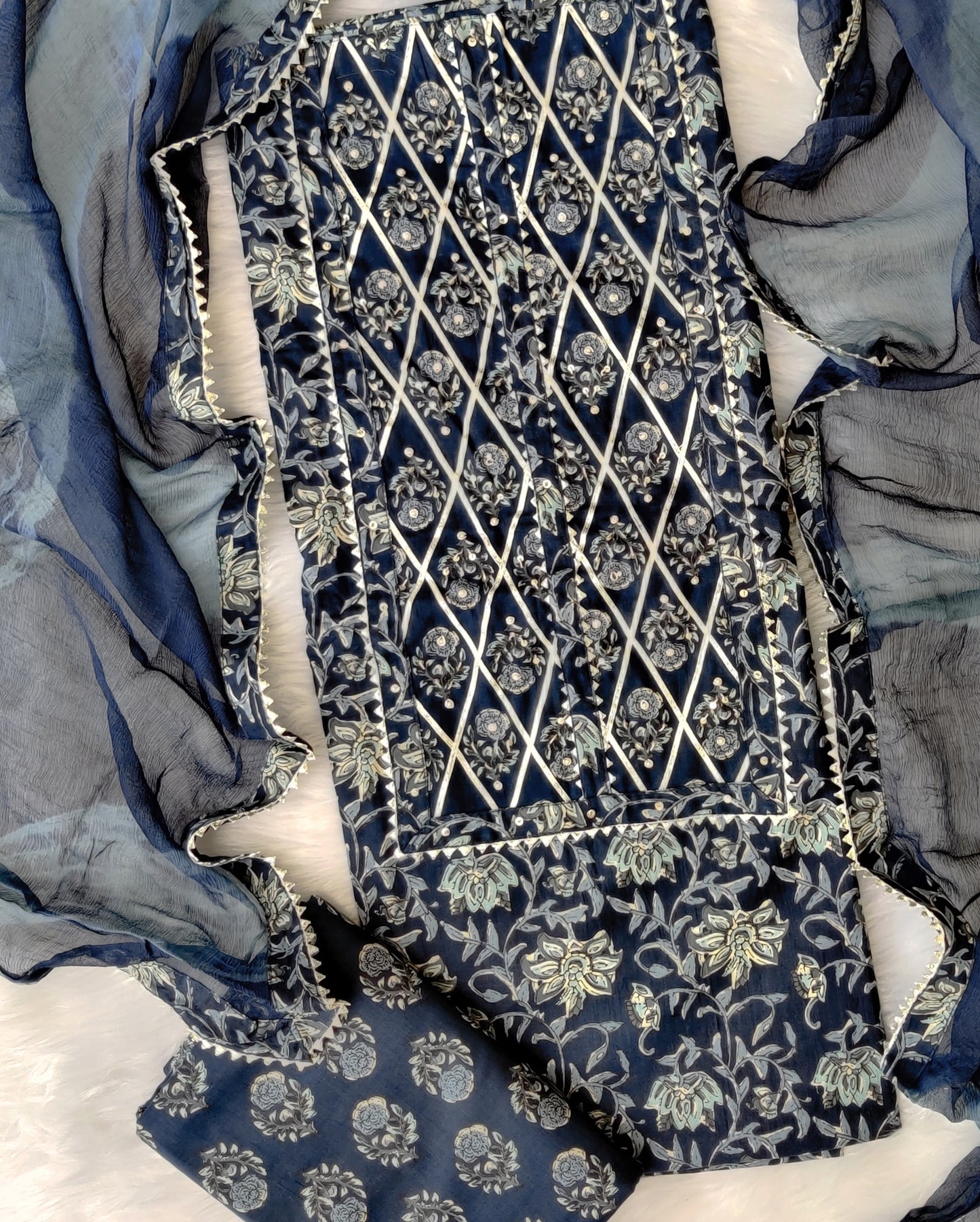 Cotton Printed Neck Work Suits with Chiffon dupatta