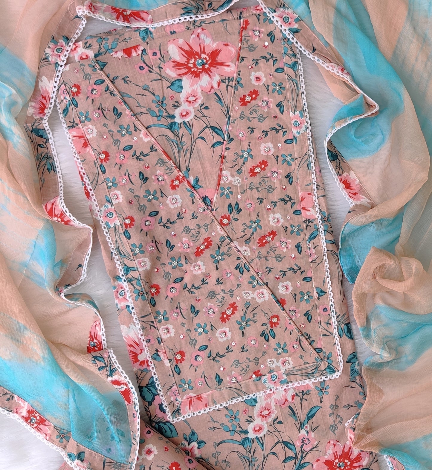 Cotton Printed Neck Work Suits with Chiffon dupatta