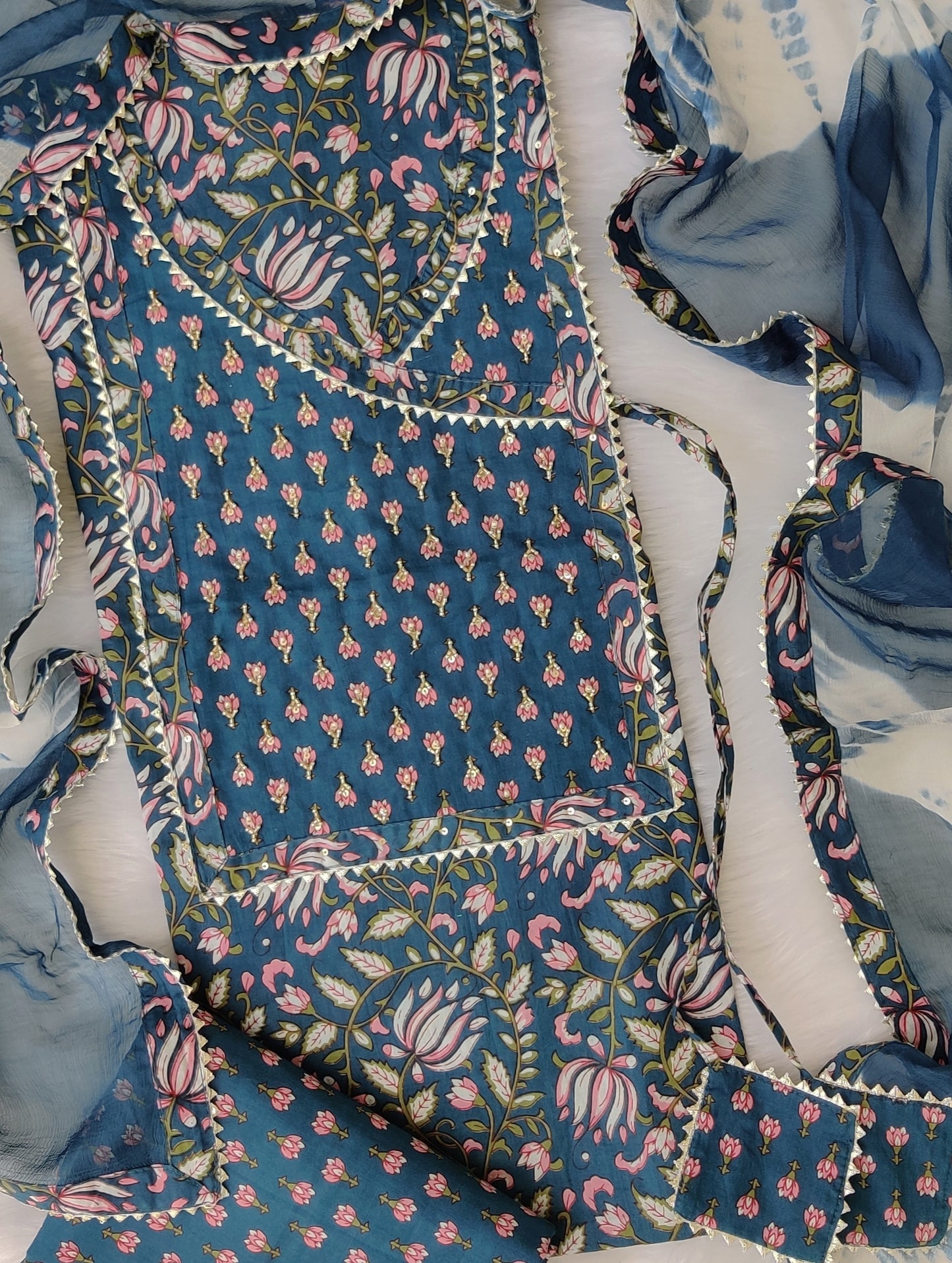 Cotton Printed Neck Work Suits with Chiffon dupatta