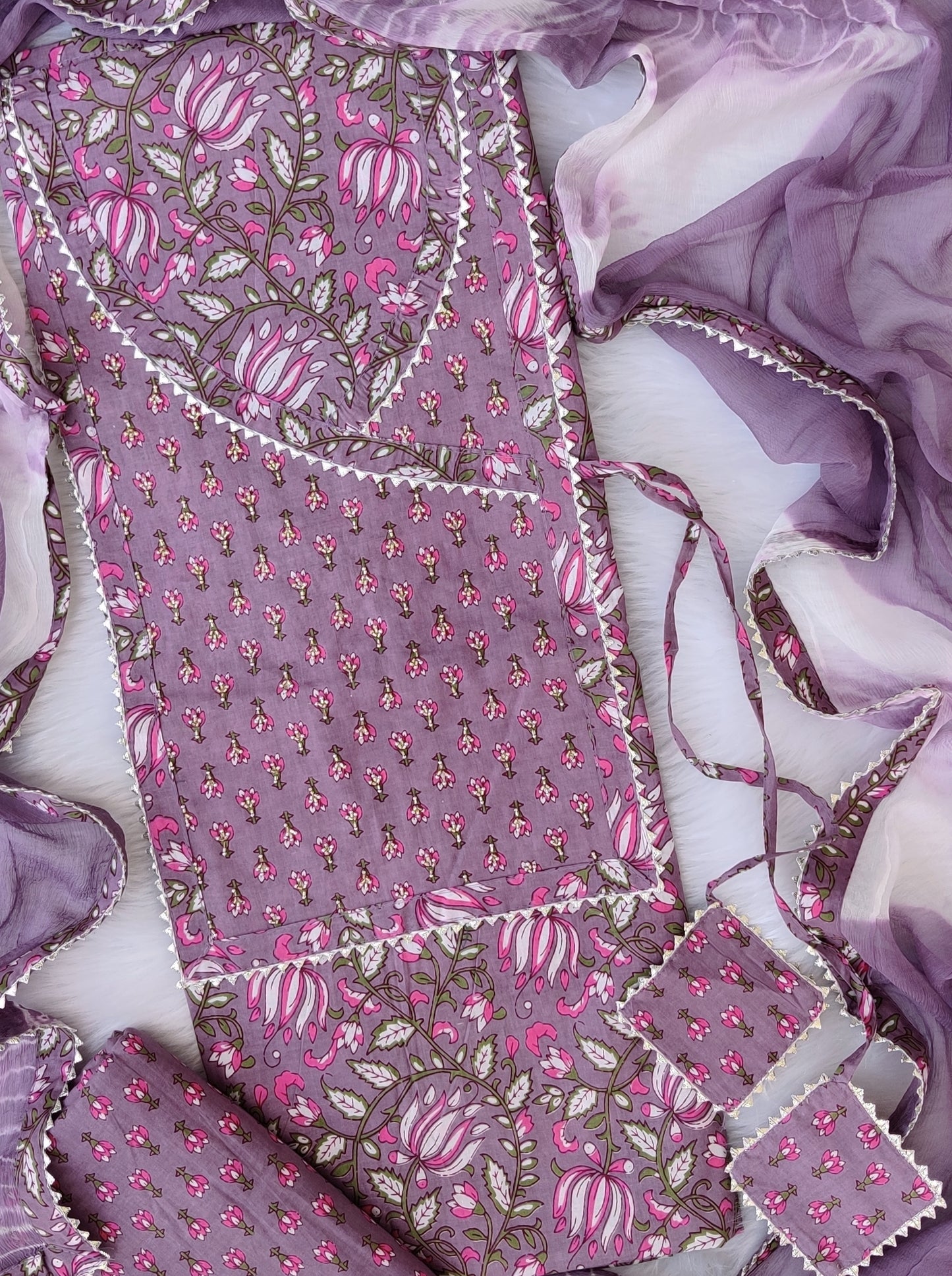 Cotton Printed Neck Work Suits with Chiffon dupatta