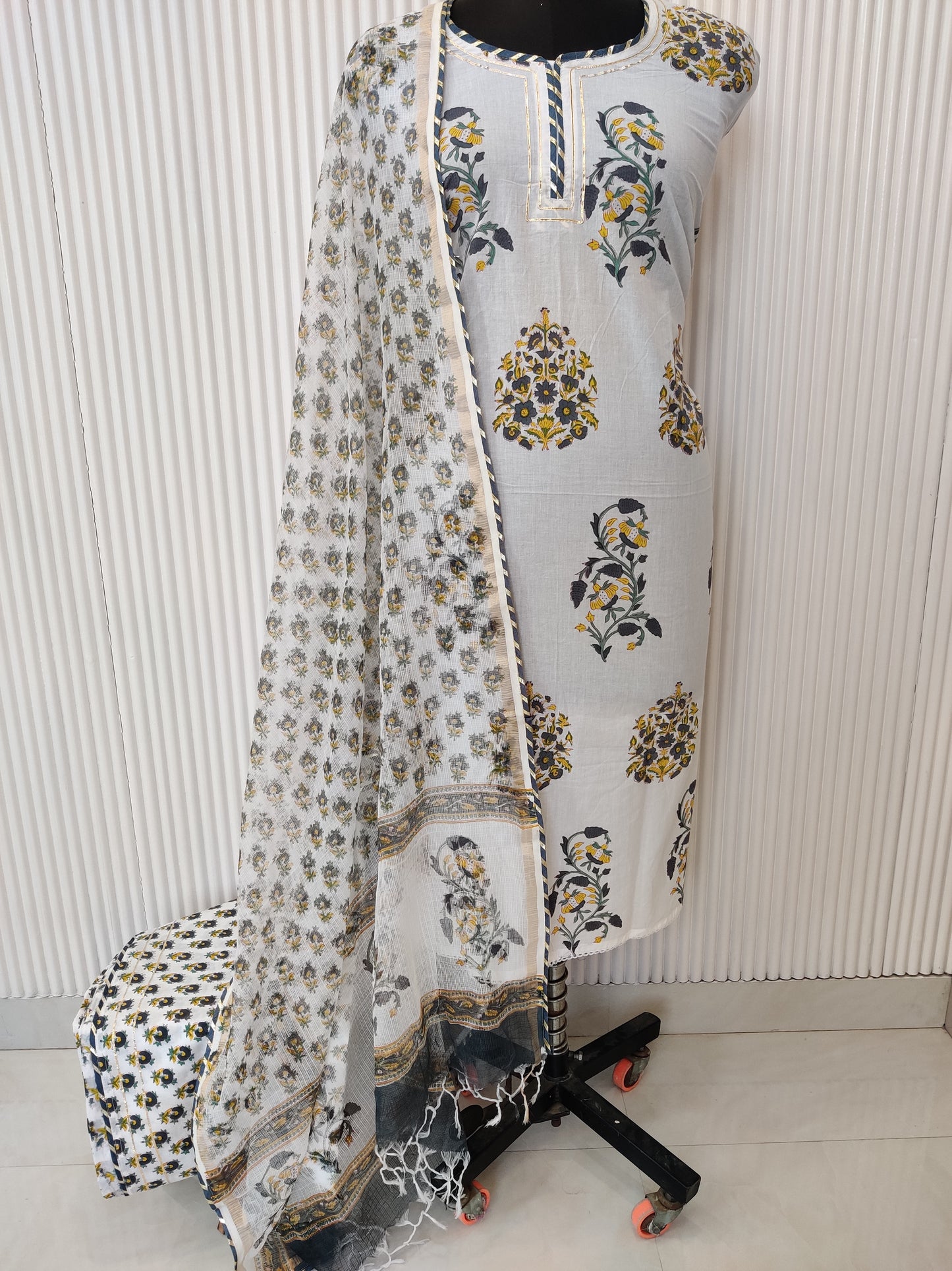 HANDBLOCK PRINTED NECK WORK SUITS WITH KOTA DORIA DUPATTA