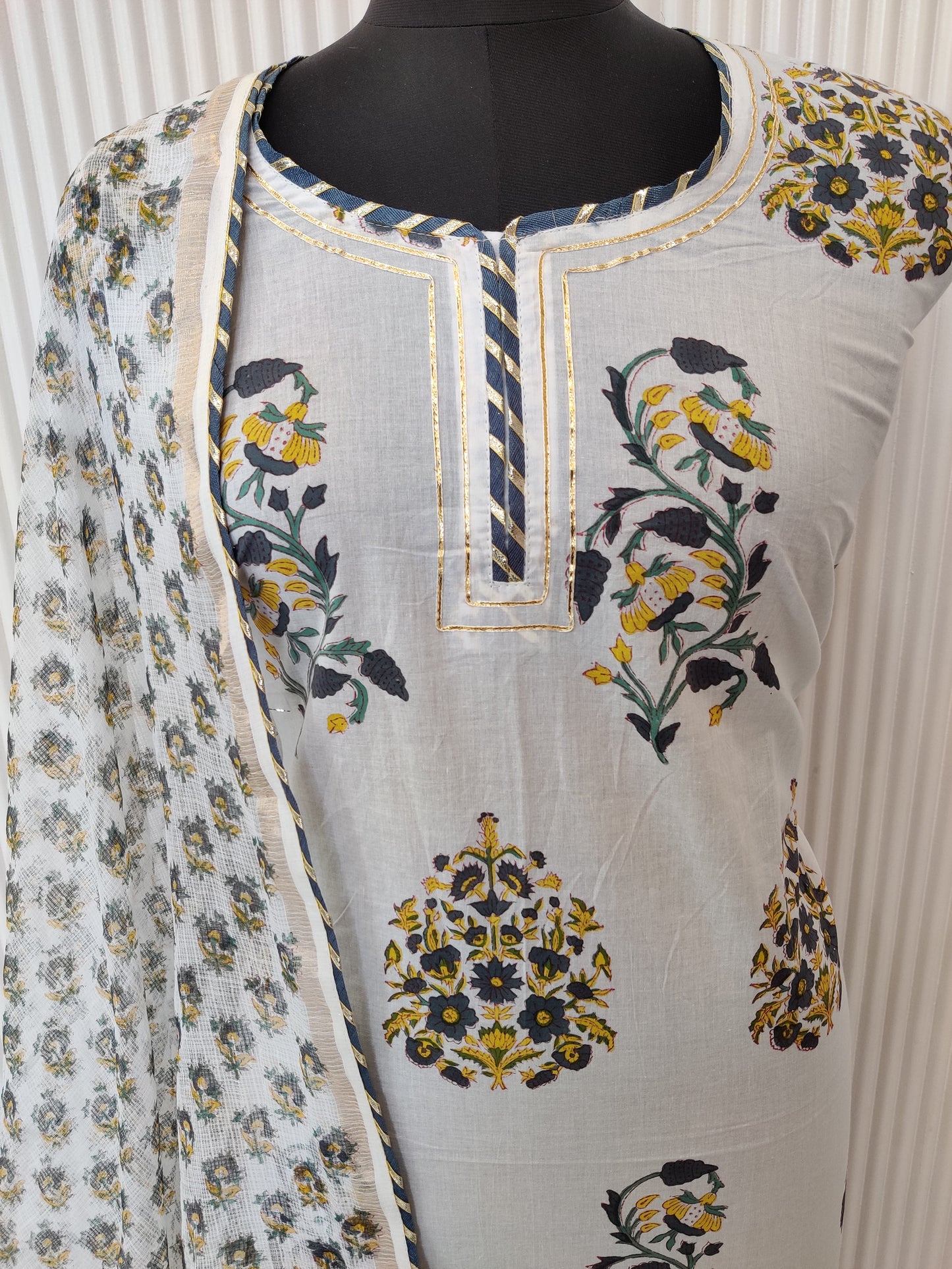 HANDBLOCK PRINTED NECK WORK SUITS WITH KOTA DORIA DUPATTA
