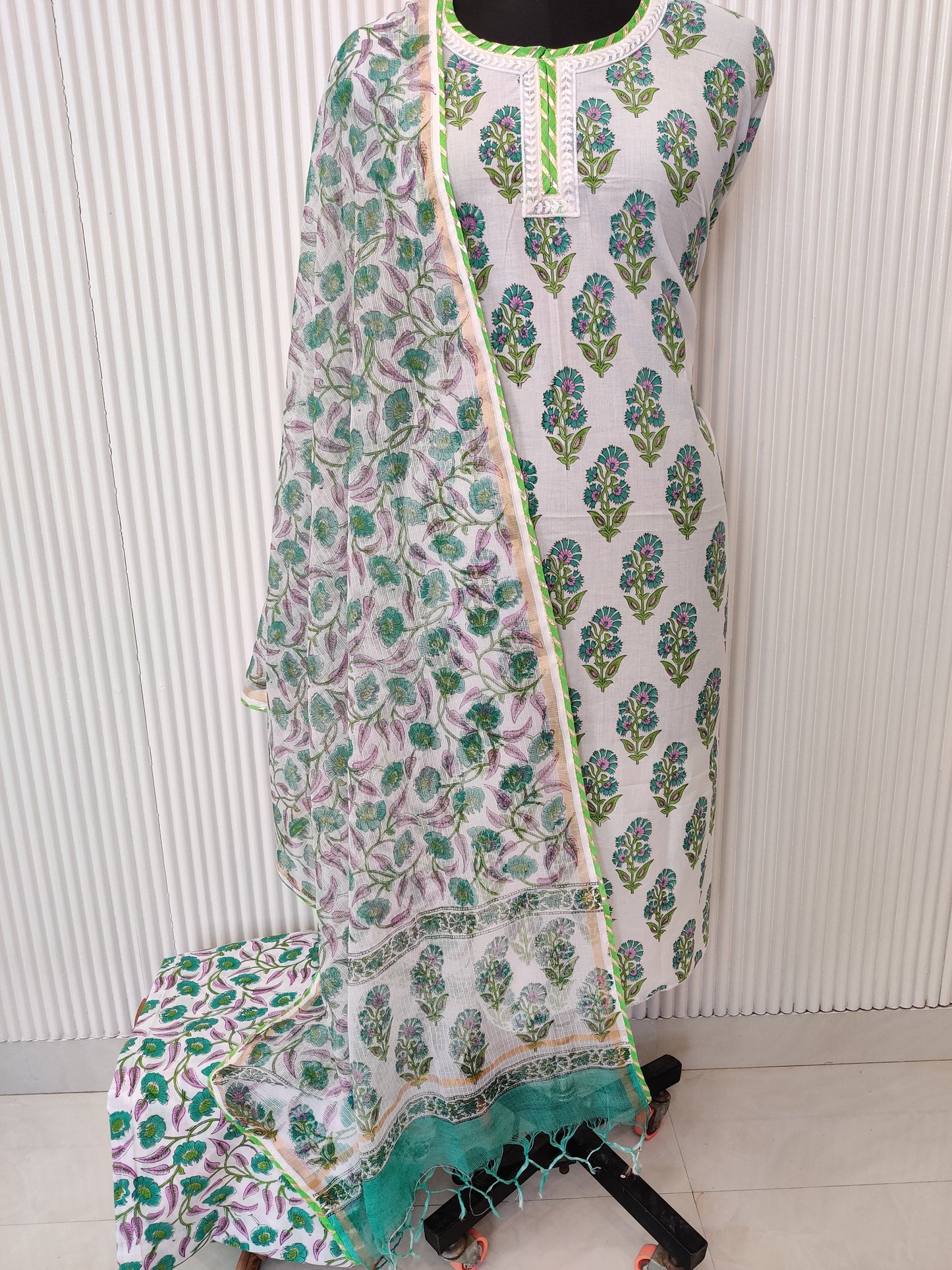HANDBLOCK PRINTED NECK WORK SUITS WITH KOTA DORIA DUPATTA
