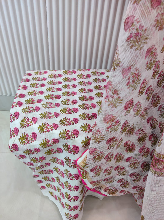 HANDBLOCK PRINTED NECK WORK SUITS WITH KOTA DORIA DUPATTA