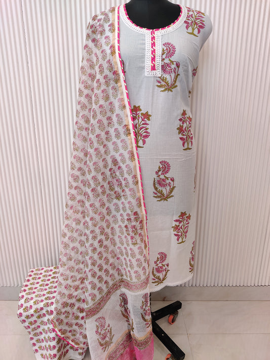 HANDBLOCK PRINTED NECK WORK SUITS WITH KOTA DORIA DUPATTA