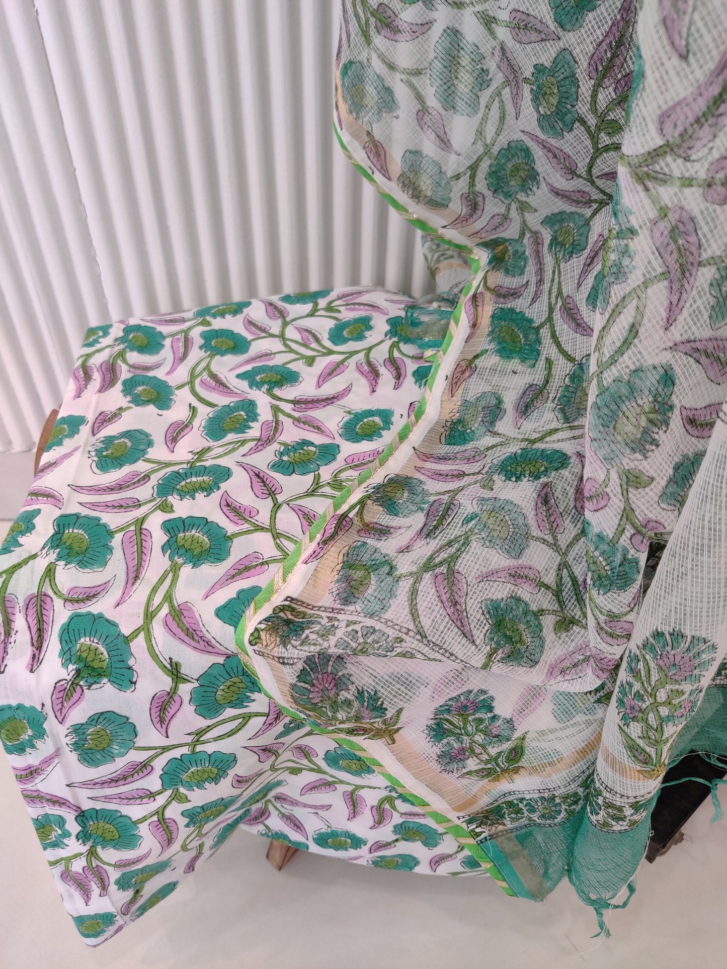 HANDBLOCK PRINTED NECK WORK SUITS WITH KOTA DORIA DUPATTA