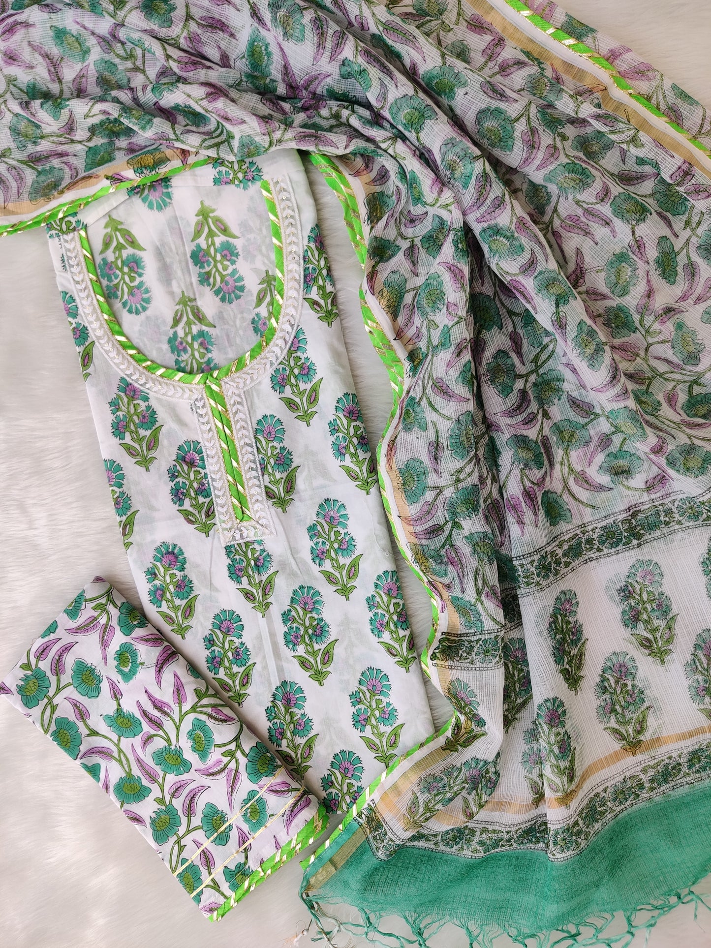 HANDBLOCK PRINTED NECK WORK SUITS WITH KOTA DORIA DUPATTA