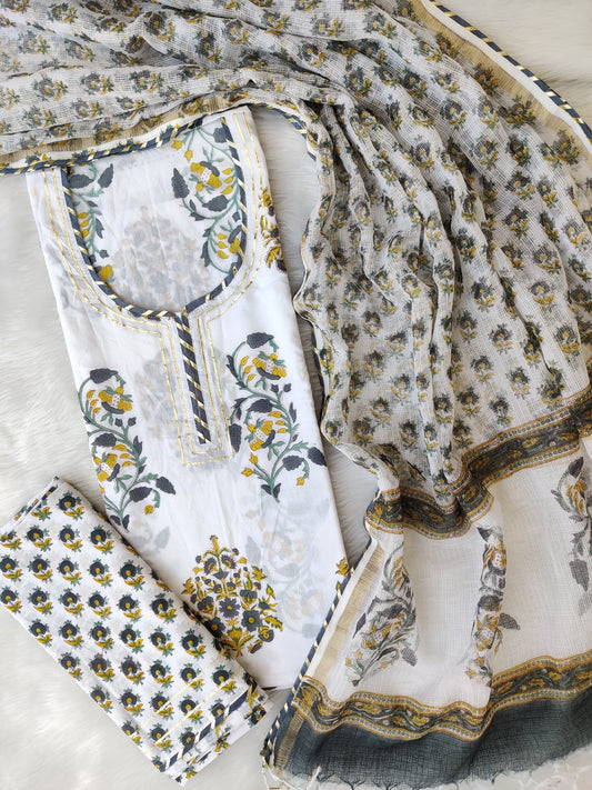HANDBLOCK PRINTED NECK WORK SUITS WITH KOTA DORIA DUPATTA