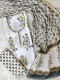 HANDBLOCK PRINTED NECK WORK SUITS WITH KOTA DORIA DUPATTA