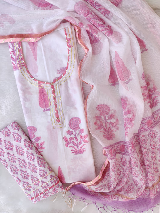 HANDBLOCK PRINTED NECK WORK SUITS WITH KOTA DORIA DUPATTA