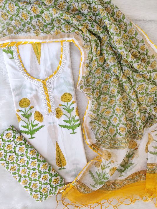 HANDBLOCK PRINTED NECK WORK SUITS WITH KOTA DORIA DUPATTA