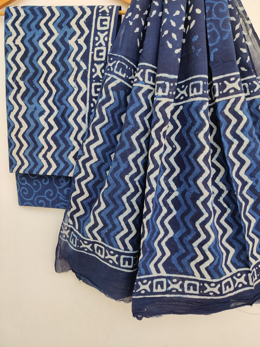 (INDIGO) Hand Block Printed Cotton Suit With Mulmul Cotton Dupatta