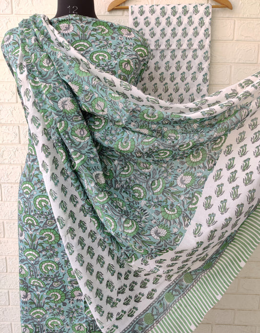 Hand Block Printed Cotton Suit With Mulmul Cotton Dupatta