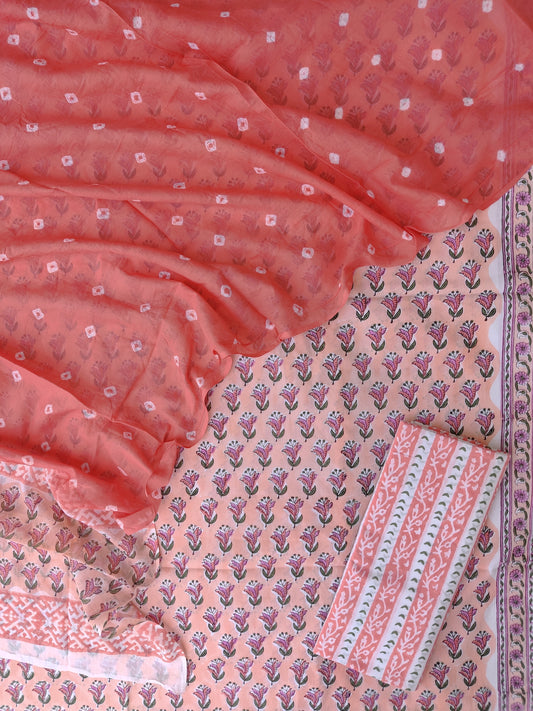 Hand Block Printed Cotton Suits with Mulmul Bandhej Dupatta
