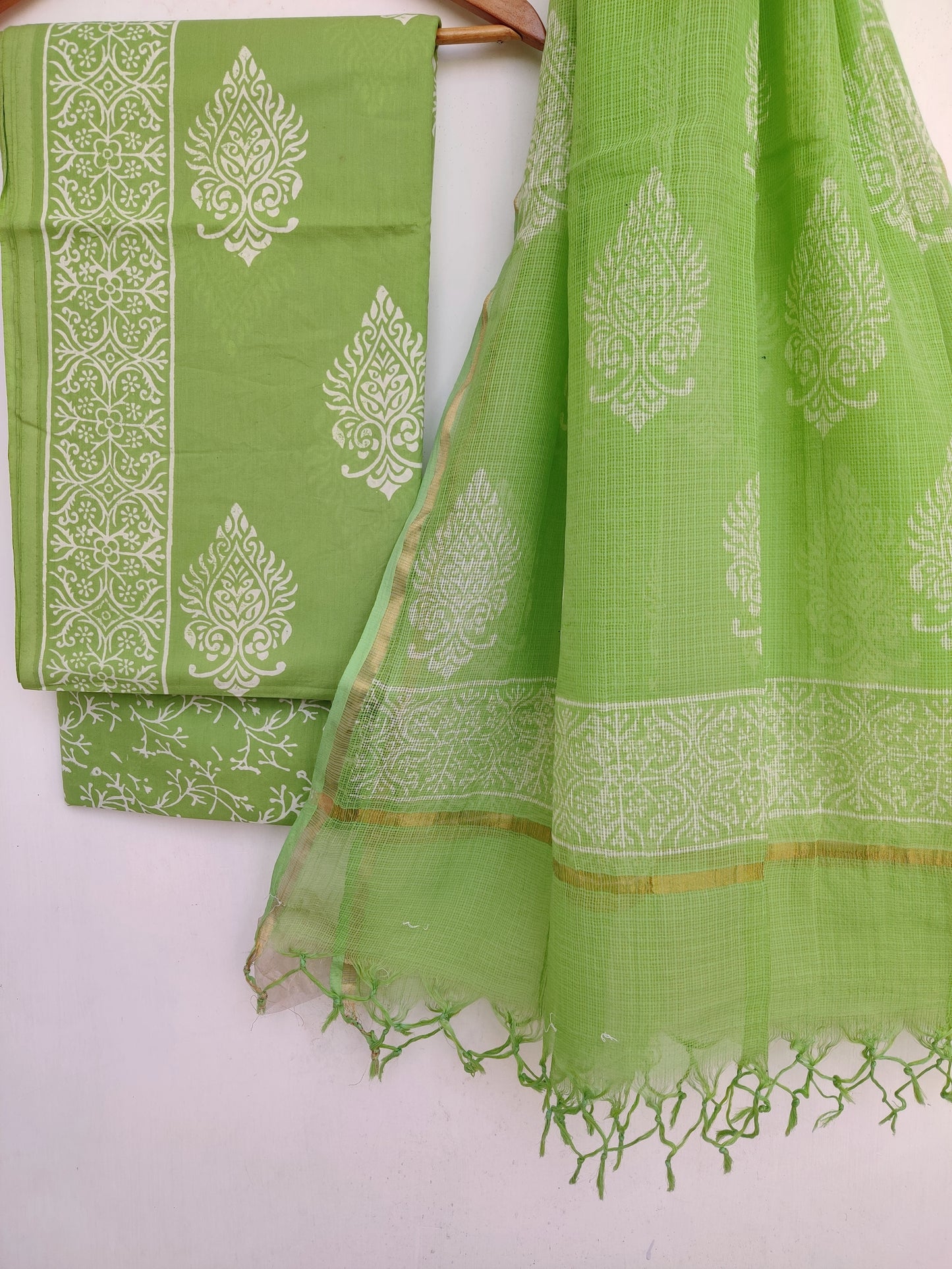 Hand Block Printed Cotton Suit with Cotton Kota Doria Dupatta