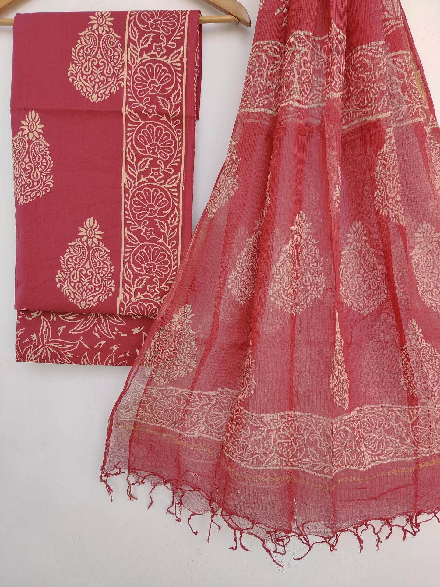 Hand Block Printed Cotton Suit with Cotton Kota Doria Dupatta