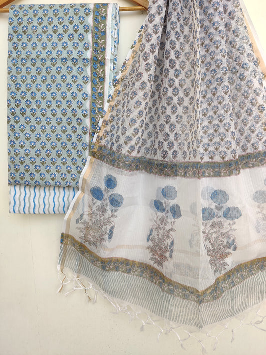 Hand Block Printed Cotton Suit with Cotton Kota Doria Dupatta