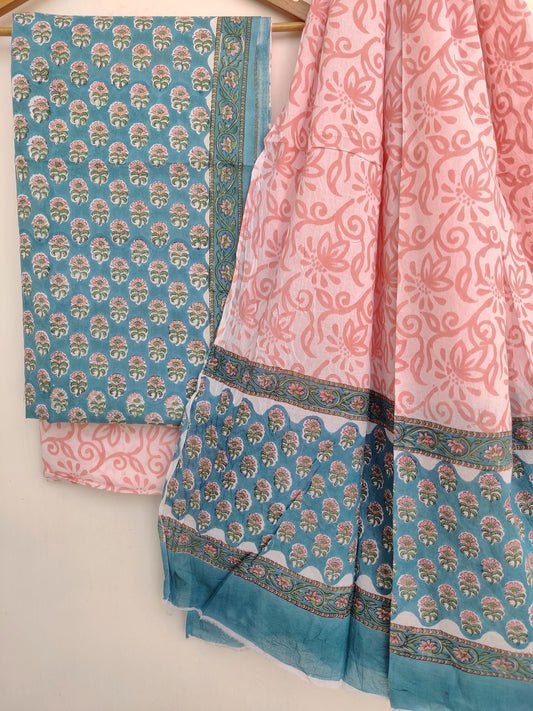 Hand Block Printed Cotton Suit With Mulmul Cotton Dupatta